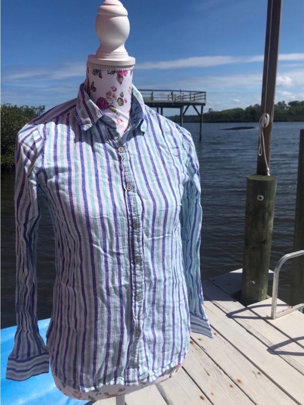 Izod Women's Striped Button-Down Shirt in Blue, Green, and White